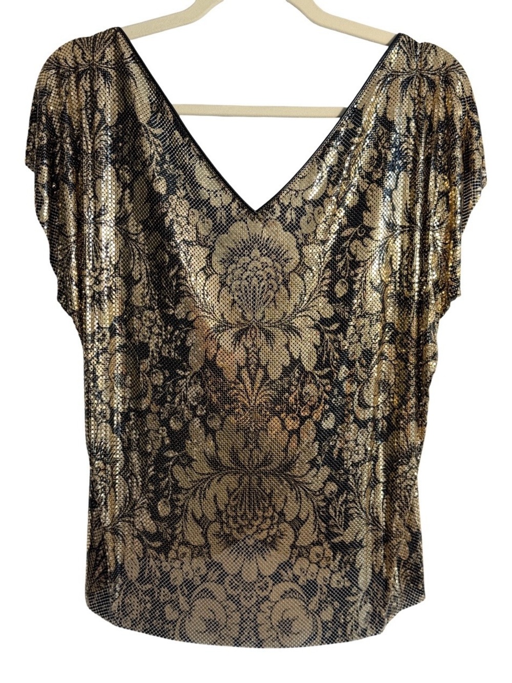 Whiting & Davis Gold and Black Metallic Drape-Front Blouse - Picture 2 of 5